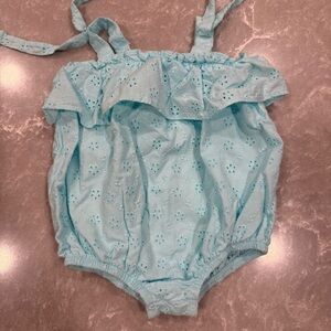 Starting Out Baby Girl Eyelet Romper | Light Blue | Size 0–3M | Tie Straps